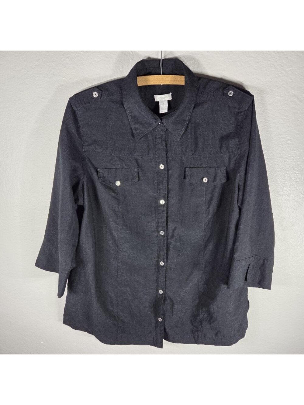 Chico's Size 2 Black Ramie Blend Button Down Shirt 3/4 Sleeve Women's